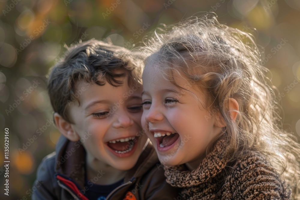 Two young children share a moment of laughter and joy, hugging tightly in a park surrounded by autumn foliage and warm sunlight. Two young children share a moment of laughter and joy, hugging tightly in a park surrounded by autumn foliage and warm sunlight.