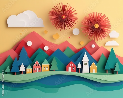 Layered papercut fireworks exploding over a tranquil origamistyle town, symbolizing New Year joy, origami Papercut, holiday celebrations photo