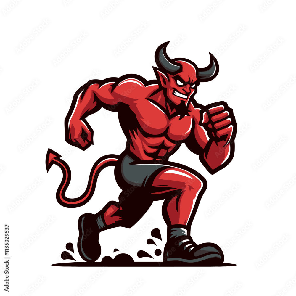 Fototapeta premium Modern cartoon devil mascot running. with determination. Isolated vector illustration perfect for mascots, logos, and fantasy-themed designs.