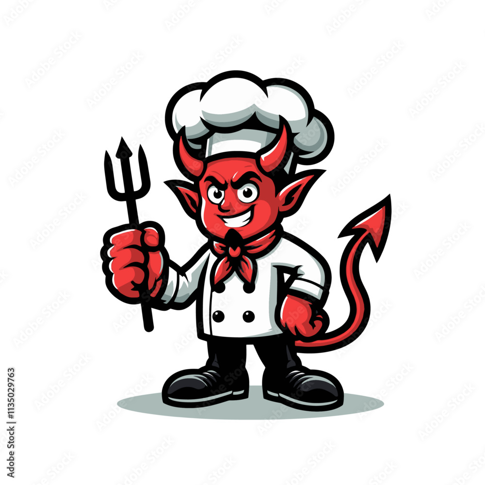 Confident cartoon devil chef holding a trident, dressed in a white chef hat and jacket. Unique and bold mascot design for culinary or food branding. Isolated vector illustration. Confident cartoon devil chef holding a trident, dressed in a white chef hat and jacket. Unique and bold mascot design for culinary or food branding. Isolated vector illustration.