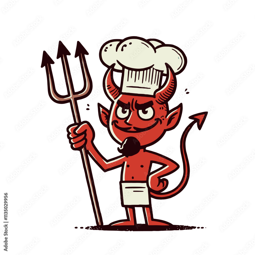 Cartoon devil chef holding a trident, wearing a chef hat and apron, with a mischievous expression. A bold and unique character design for culinary or creative branding. Isolated vector illustration. Cartoon devil chef holding a trident, wearing a chef hat and apron, with a mischievous expression. A bold and unique character design for culinary or creative branding. Isolated vector illustration.