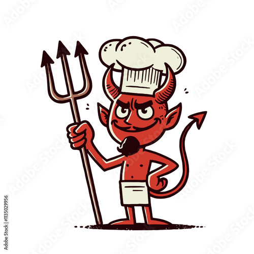 Cartoon devil chef holding a trident, wearing a chef hat and apron, with a mischievous expression. A bold and unique character design for culinary or creative branding. Isolated vector illustration.