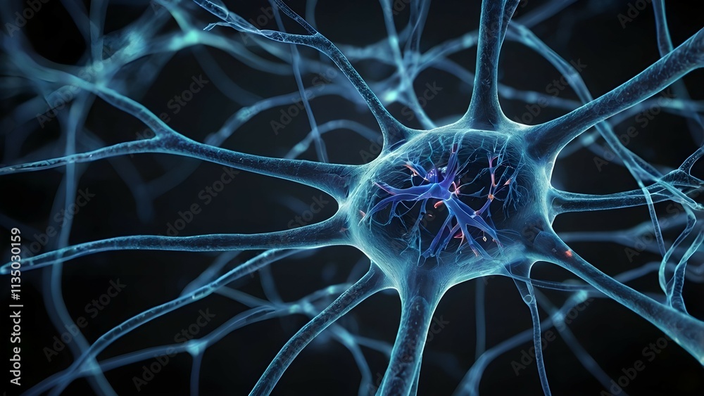 A magnified view of a neuron, illustrating its unique shape and synaptic connections. A magnified view of a neuron, illustrating its unique shape and synaptic connections.