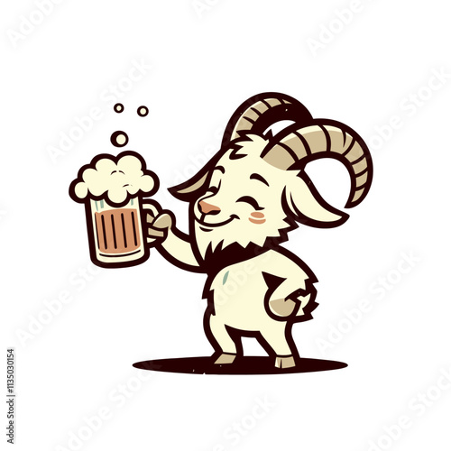 Cartoon goat mascot holding a beer mug with a satisfied smile, featuring large curved horns. A humorous and lively character design for party or celebration themes. Isolated vector illustration.