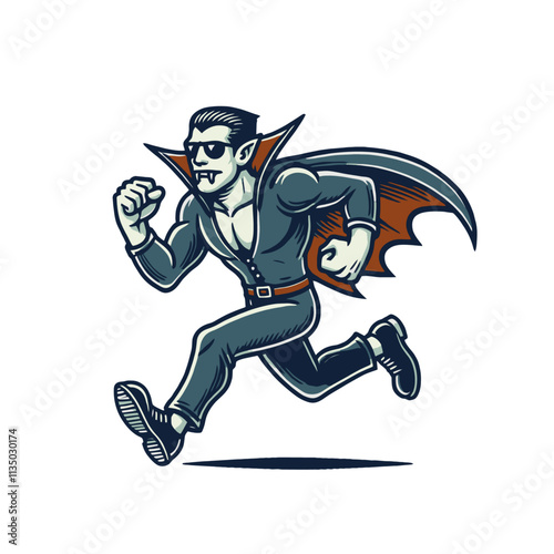 Cartoon vampire running energetically, wearing a dark suit, cape, and sunglasses, with a confident expression. A fun and bold character design for Halloween or fantasy themes. Isolated vector illustra