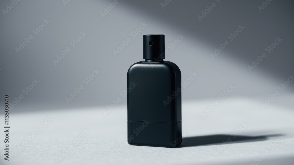 A minimalist black perfume bottle on a white background with soft lighting and a subtle shadow. A minimalist black perfume bottle on a white background with soft lighting and a subtle shadow.