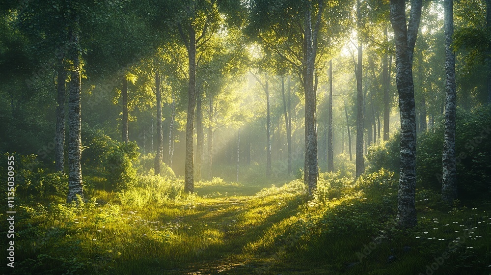 Obraz premium The sun is shining through the trees, casting a warm glow on the forest floor