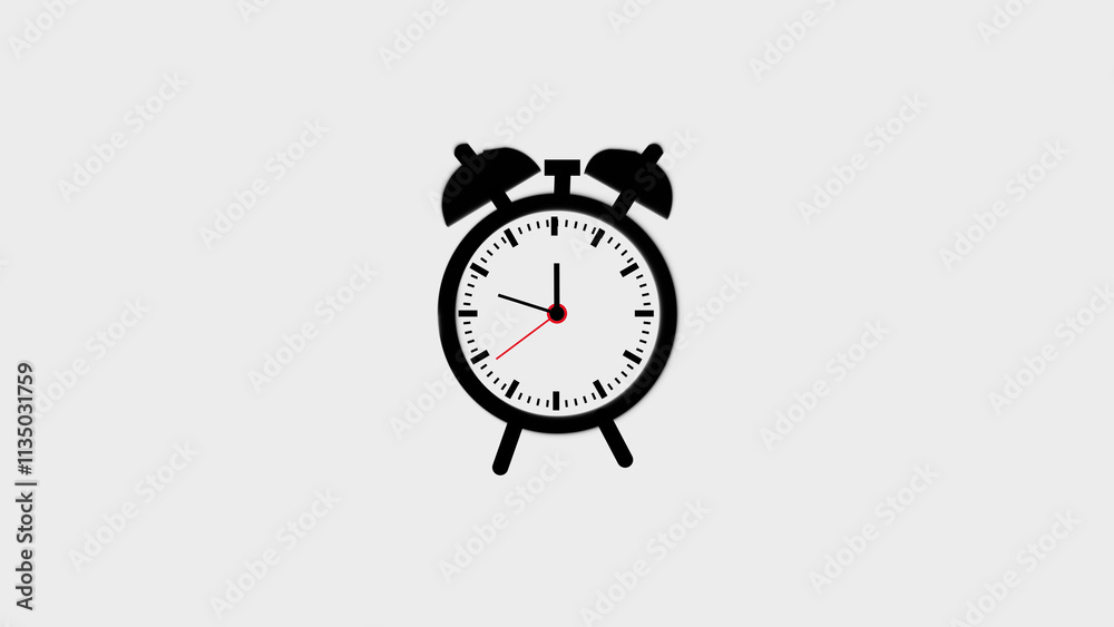  “THE TIME IS NOW” wordings with alarm clock against white background A icon of a classic alarm clock silhouette.