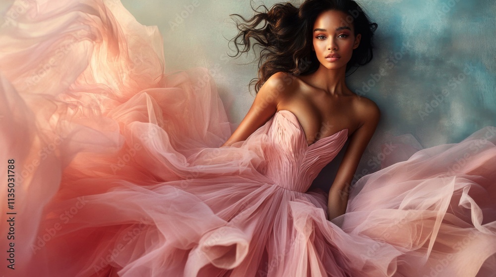 Woman in a flowing pink tulle gown Woman in a flowing pink tulle gown