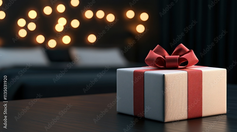 Romantic Gift Wrapping with Red Bow on Wooden Table in Cozy Bedroom with Fairy Lights Romantic Gift Wrapping with Red Bow on Wooden Table in Cozy Bedroom with Fairy Lights