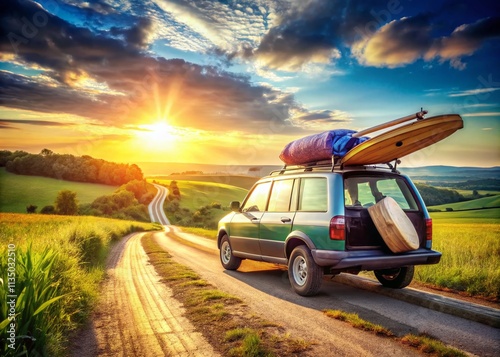 Luggage and Surfboards on Car Roof for a Summer Road Trip Through the Countryside with Scenic Views and Adventure Vibes photo