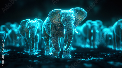A futuristic team-building icon linked to a glowing elephant herd, symbolizing online platforms exploring social structures in animals.  