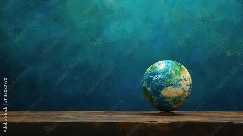 Realistic Globe Placed on a Wooden Surface Against a Blue Background Realistic Globe Placed on a Wooden Surface Against a Blue Background