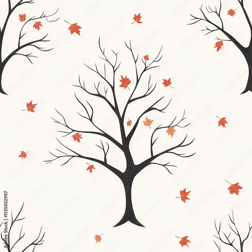 Fototapeta premium A minimalistic pattern featuring black trees with sparse branches and scattered orange leaves on a light background.