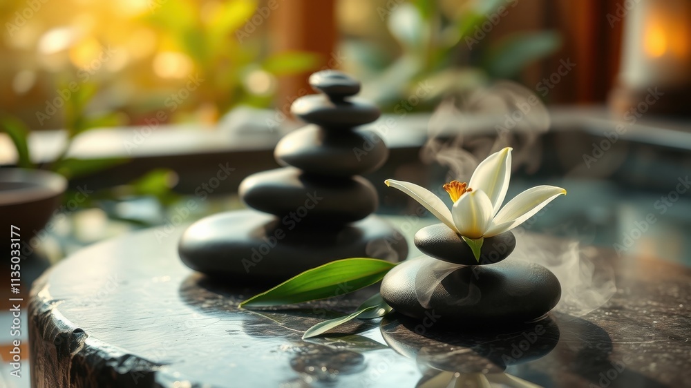 Stack of Smooth Stones and White Flower with Steam Rising on a Black Stone Surface Stack of Smooth Stones and White Flower with Steam Rising on a Black Stone Surface