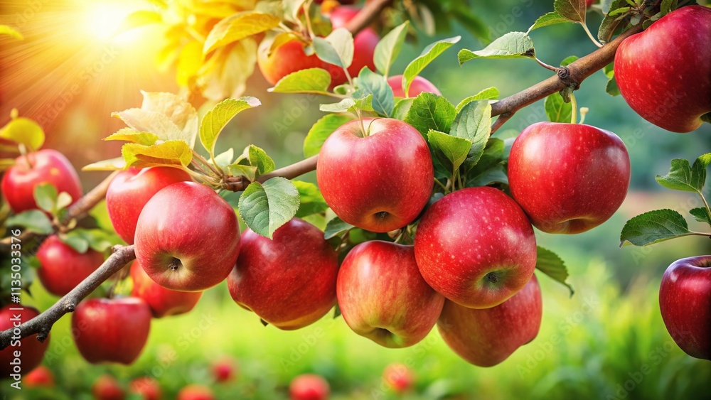Obraz premium Lush Garden Scene Featuring Ripe Juicy Red Apples Hanging on Branches Surrounded by Vibrant Green Leaves, Capturing Nature's Bounty in Close-Up Detail