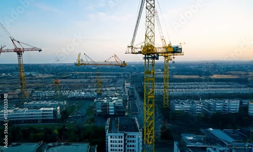 Industrial cranes at a busy harbor dock with ships and cargo containers photo