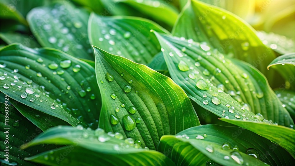 Obraz premium Lush Green Hostas with Dew Drops: A Close-Up View of Water Droplets on Vibrant Leaves with a Beautiful Bokeh Background Enhancing Nature's Refreshing Beauty and Serenity