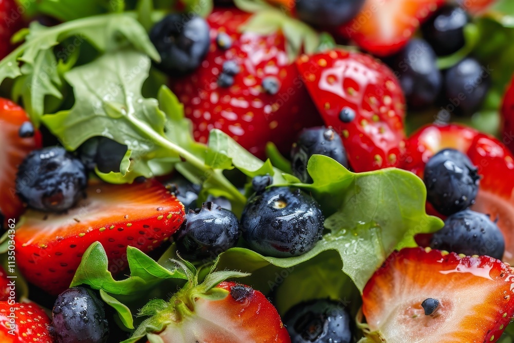 A colorful salad showcasing bright red strawberries and dark blue blueberries nestled among fresh green lettuce, creating a healthy and appetizing dish. A colorful salad showcasing bright red strawberries and dark blue blueberries nestled among fresh green lettuce, creating a healthy and appetizing dish.