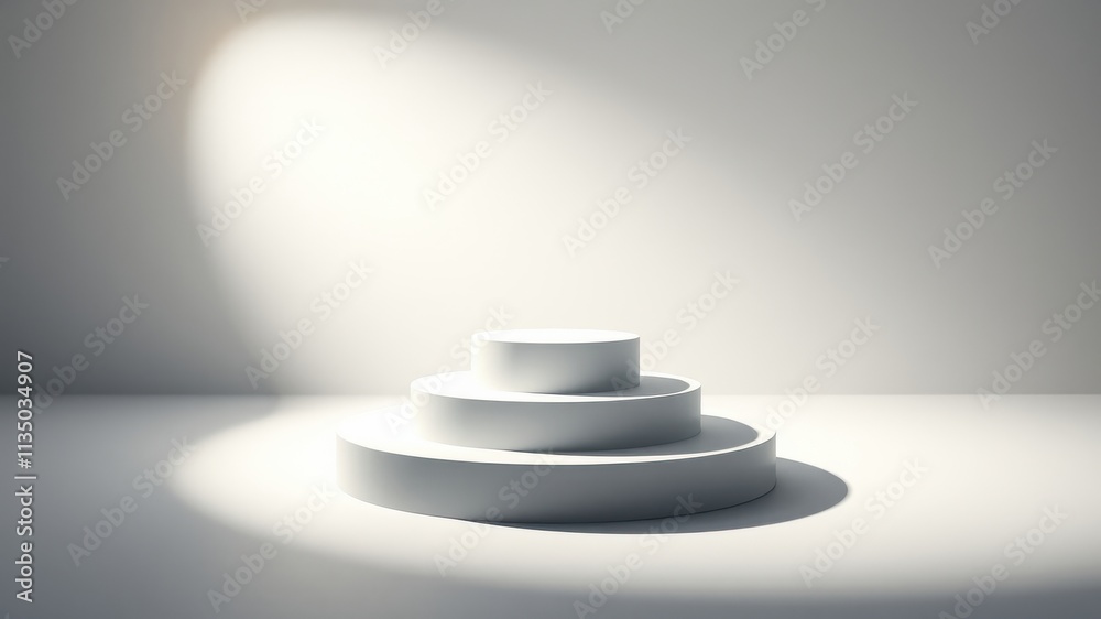 Obraz premium A minimalist, white podium with three tiers illuminated by a single beam of light, set against a backdrop of a clean, white wall.