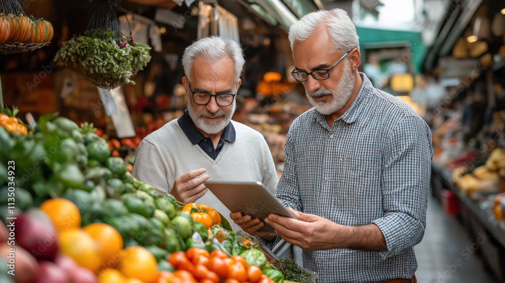 Two senior men browsing fresh produce at a farmers market while using a tablet, combining technology with healthy living and community shopping. Two senior men browsing fresh produce at a farmers market while using a tablet, combining technology with healthy living and community shopping.