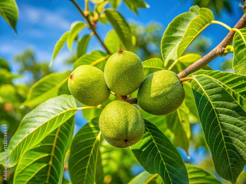 Lush Green Walnut Tree with Young Walnuts Not Yet Ripe Captured in High Depth of Field Showcasing Nature's Beauty and Growth in a Sunny Orchard Setting Lush Green Walnut Tree with Young Walnuts Not Yet Ripe Captured in High Depth of Field Showcasing Nature's Beauty and Growth in a Sunny Orchard Setting