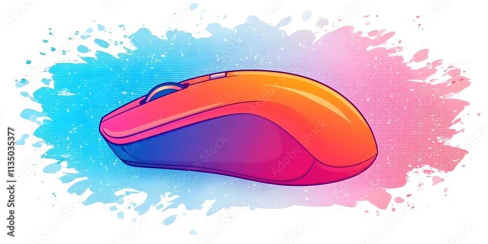 Obraz premium A sleek, modern computer mouse in vibrant orange and pink hues, set against a dynamic blue and pink splash background, highlighting its ergonomic design.