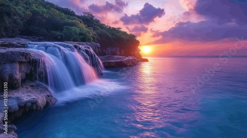 Serene coastal waterfall cascading into ocean at sunset.