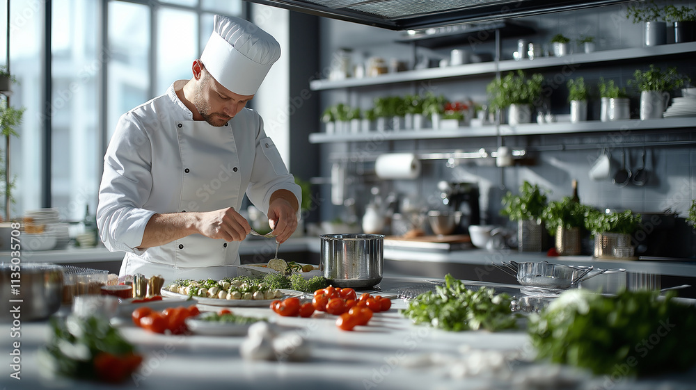 Professional chef preparing fresh ingredients in modern kitchen