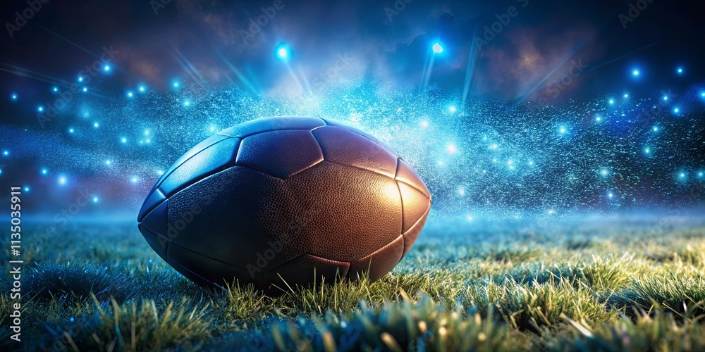 Dynamic Rugby Ball on Field Under Dramatic Lights Dynamic Rugby Ball on Field Under Dramatic Lights