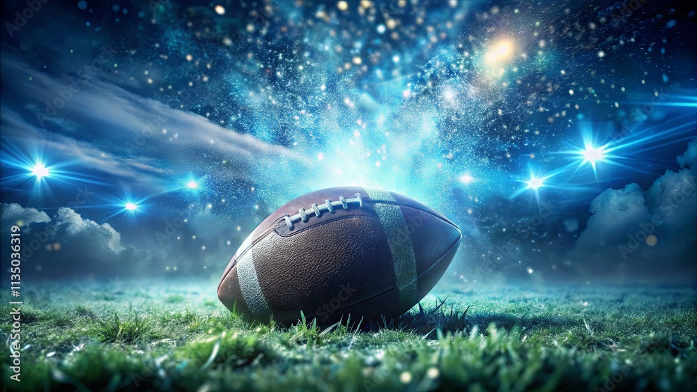 Dramatic Football on Field with Lights and Stars Dramatic Football on Field with Lights and Stars