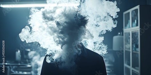Mysterious figure surrounded by swirling smoke in a dimly lit room