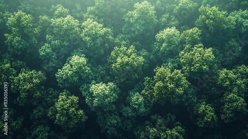 Lush Green Forest Canopy With Dense Foliage Captured Aerially at Dawn. Generative AI