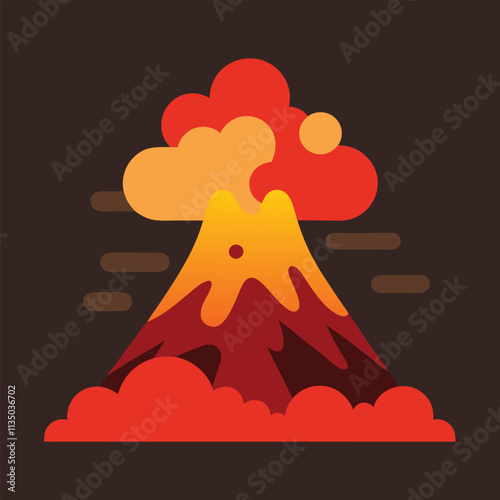 Vector Illustrate a flat design of a volcanic mountain erupting with vibrant lava and ash clouds rising into the sky.