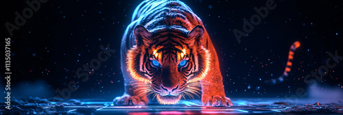 A futuristic tiger icon glowing with habitat preservation data, symbolizing online wildlife protection platforms, digital conservation tools, and educational resources.   photo