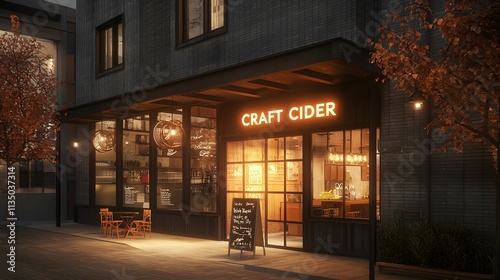 Craft cider shop illuminated at night with warm lighting and inviting atmosphere