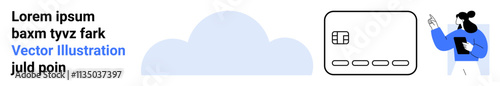 Person holding clipboard pointing to a box with icons, cloud in background, and placeholder text. Ideal for business presentations, data analysis, educational content, cloud computing, teamwork