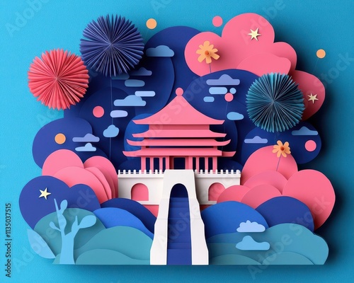 Origamistyle fireworks bursting over a serene papercut Chinese temple at dusk, origami Papercut, holiday serenity photo