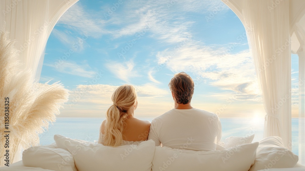 Fototapeta premium Couple Sitting on White Sofa Enjoying Ocean View. Open Arch Frame and Blue Sky Create Peaceful Ambience. Romantic Moment with Scenic Horizon. Serene and Relaxing Atmosphere. AI generated
