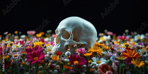 A human skull rests amidst a vibrant tapestry of colorful wildflowers, a stark contrast of life and death in a single frame.