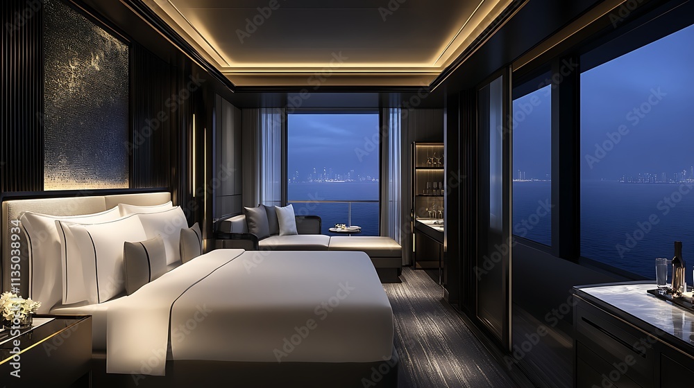 Luxurious Hotel Room Overlooking City Lights Luxurious Hotel Room Overlooking City Lights