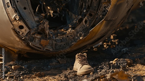 A poignant close-up of the remains of a plane fuselage, burnt and twisted metal against charred earth, a single shoe in the foreground photo