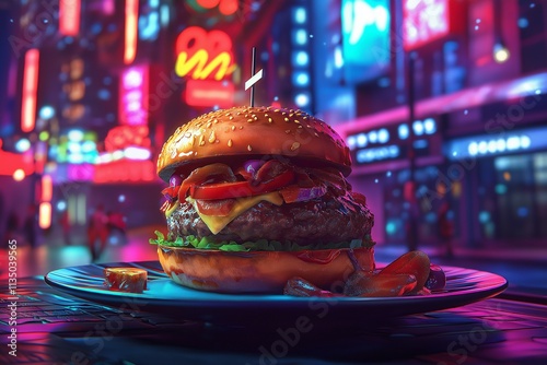 Neon City Burger: A mouthwatering burger with all the fixings takes center stage against a backdrop of vibrant neon lights in a futuristic cityscape. photo