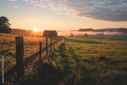 Wallpaper Mural The sun rises over a tranquil barn, illuminating vibrant green fields and misty hills. A wooden fence runs alongside, enhancing the rural charm of a perfect morning. Torontodigital.ca
