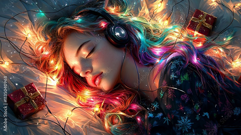 Peaceful girl sleeps with colorful lights and gifts. Peaceful girl sleeps with colorful lights and gifts.