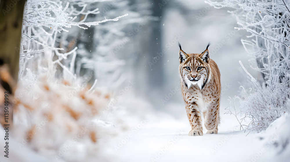 A Majestic Lynx Walking Quietly Through a Serene, Snowy Forest Landscape Immersed in Nature's Beauty A Majestic Lynx Walking Quietly Through a Serene, Snowy Forest Landscape Immersed in Nature's Beauty