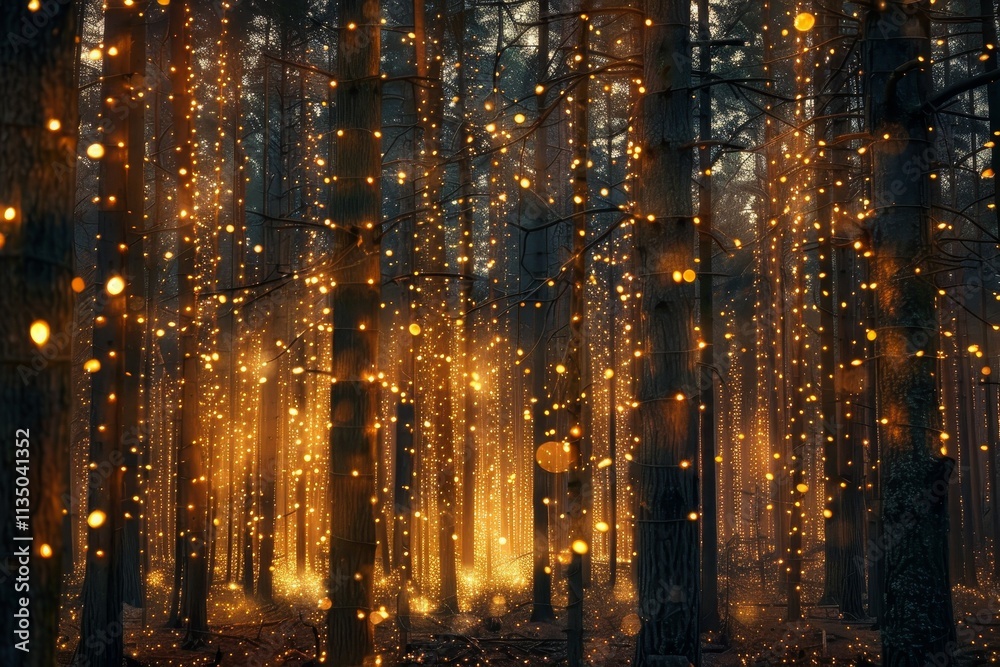 Naklejka premium A serene forest at twilight is filled with glowing lights hanging from trees, creating a mystical ambiance among the dark foliage.