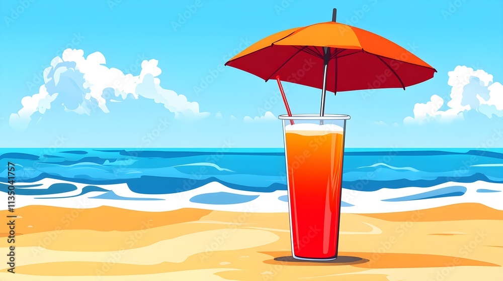 Refreshing summer drink under umbrella at beach tropical paradise graphic art vibrant colors Refreshing summer drink under umbrella at beach tropical paradise graphic art vibrant colors