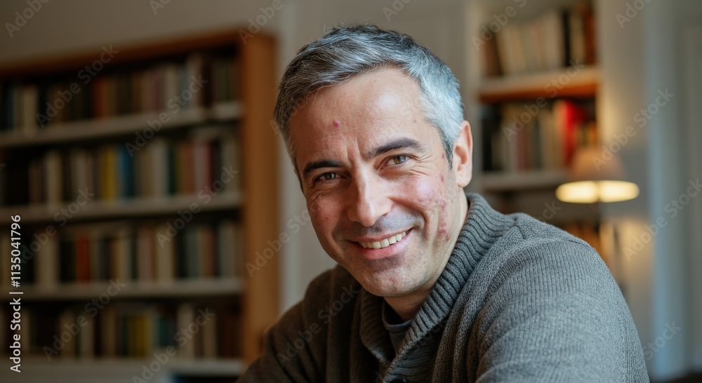 Cheerful middle-aged caucasian man in cozy library setting for lifestyle and reading concepts