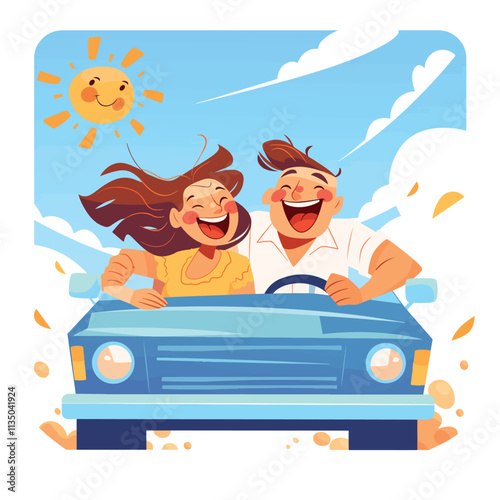 Vector design and illustration of a happy couple in a car and traveling